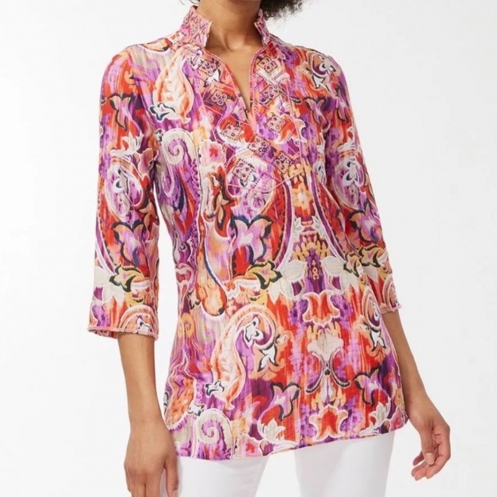 Chicos Beaded Paisley Tunic Top Orange Pink 3/4 Sleeve Blouse Size 2 Large d5